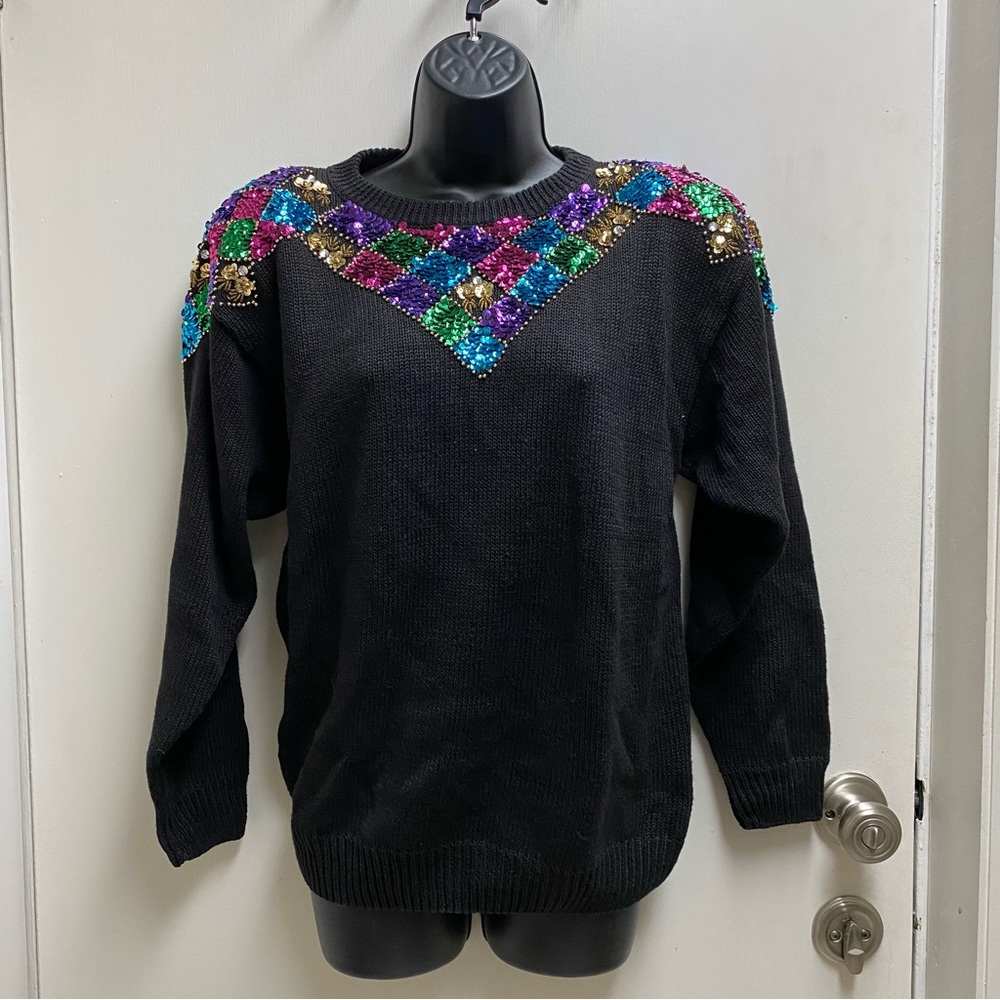 Vintage 80's Bonnie Evans Black Knit Sweater with Rainbow Sequins Sz: Small
